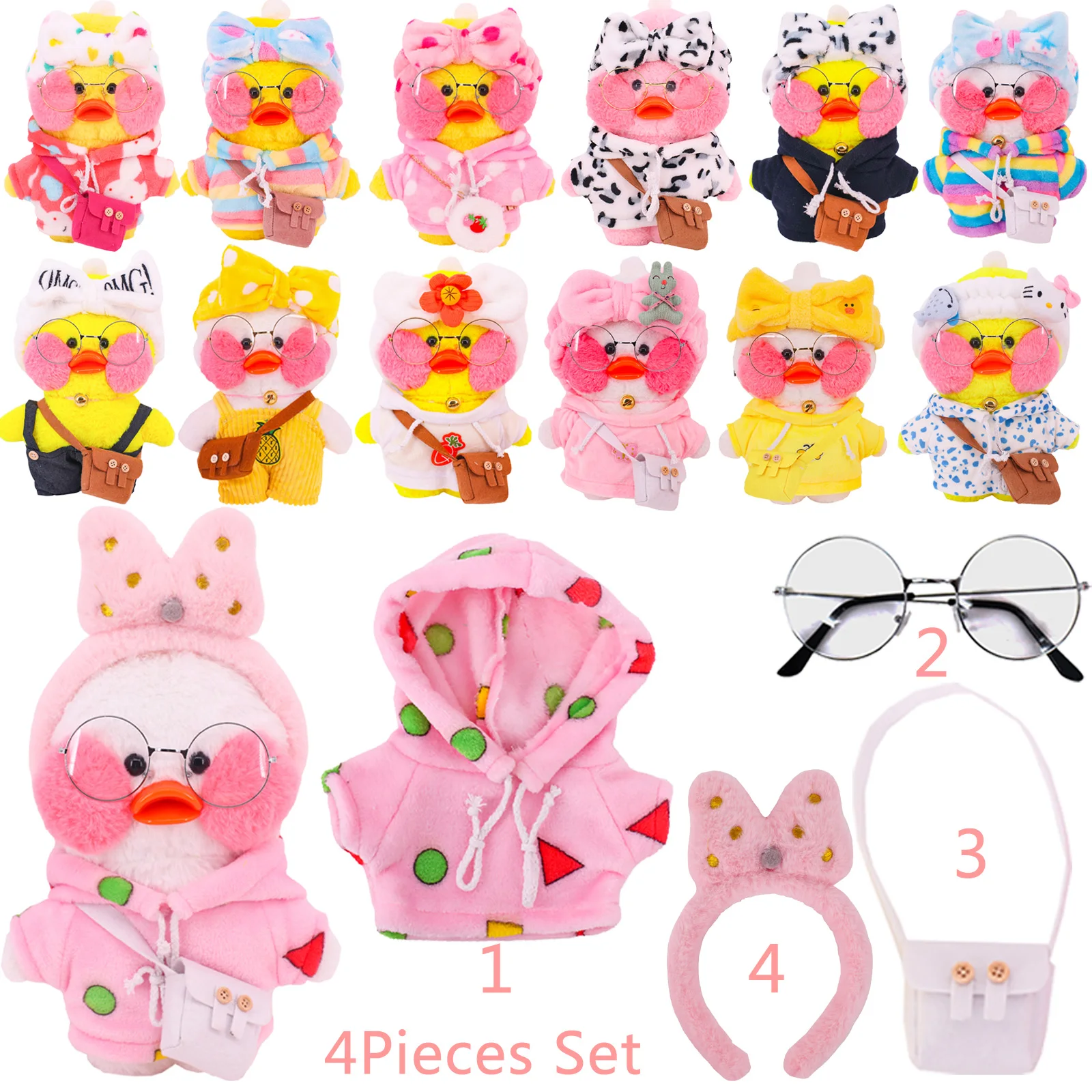 4Pcs/Set Hoodie+Glasses+Messenger Bag+Headdress Doll Clothes Stuffed Duck For 30Cm lalafanfan Toy Duck Clothes Sets Accessories