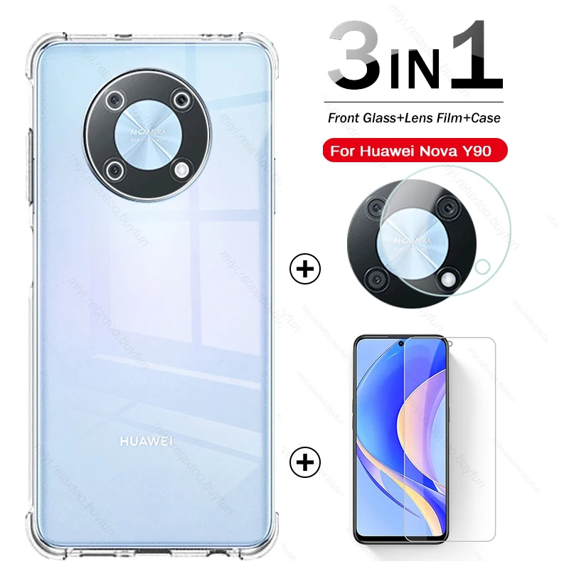 1to3 Soft Case + Camera Tempered Glass For Huawei Nova Y90 Y 90 90Y Screen Protector Film Hauwei Huawey Huawie NovaY90 4G 2022