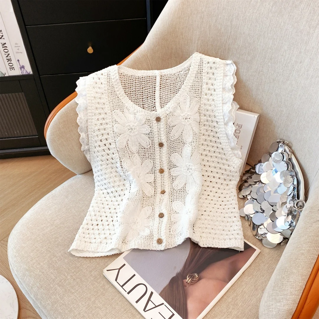 Doux jeune été Hong Kong Sle tricoté évider fleur Svel rond Ne gilet débardeur femmes ort Nylon mélange