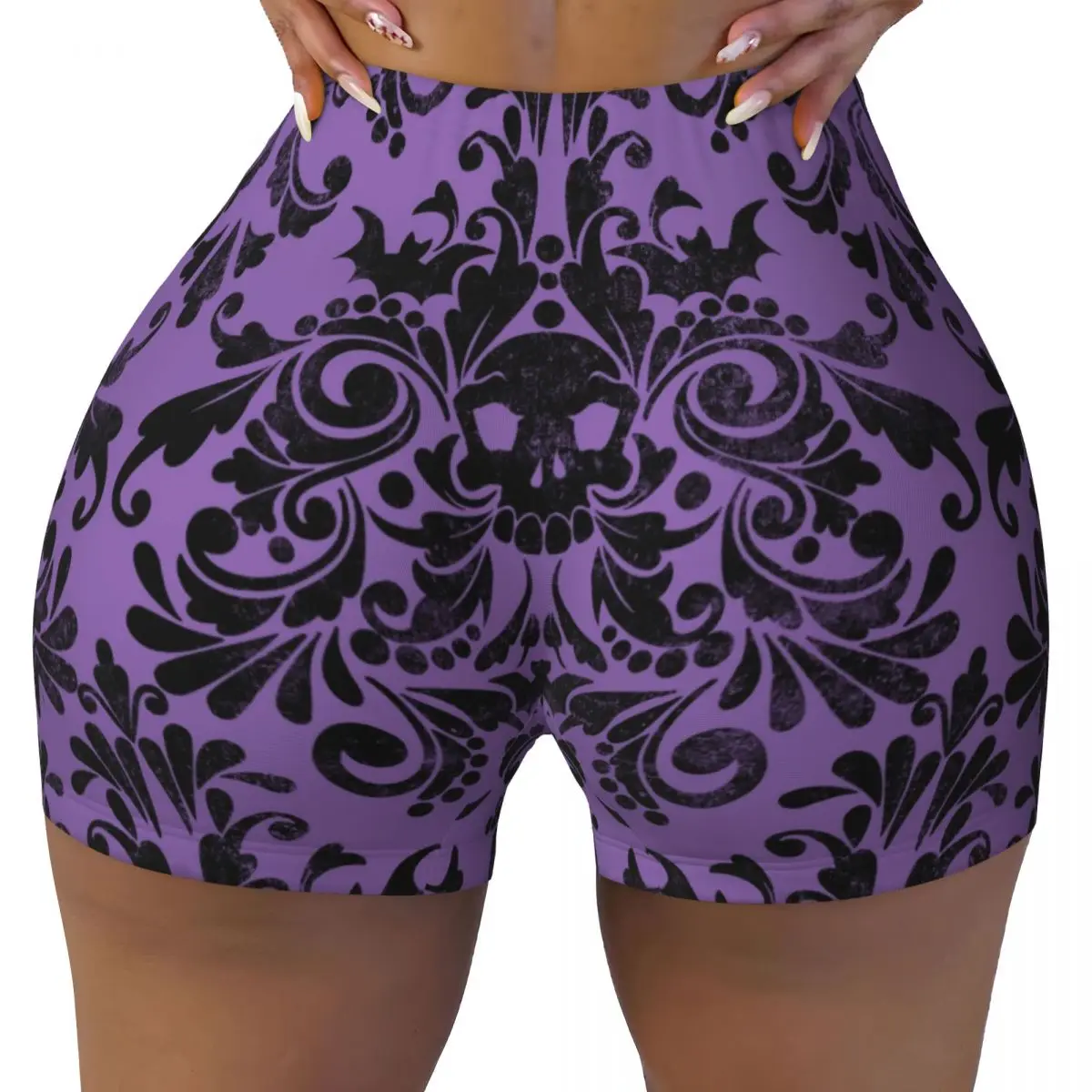 

Custom Skull Damask Pattern Workout Volleyball Biker Shorts for Women Halloween Witch Goth Occult Gym Yoga Shorts