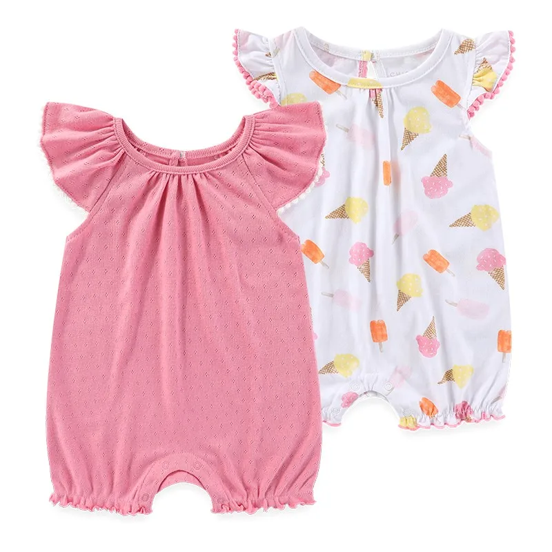 Fetchmous 2 Pieces Unisex Newborn Baby Spring Summer Rompers 0-9Months Baby Boy Girl Short Sleeve Print Clothes