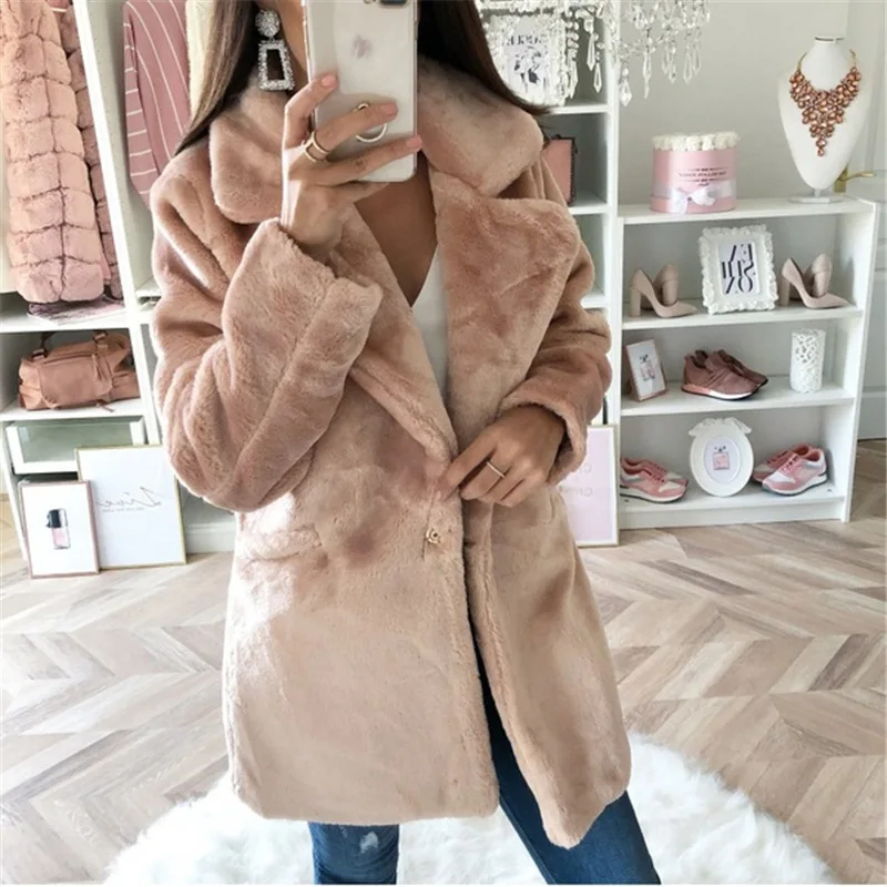 

Women's Loose Casual Plush Coat Jacket Solid Color Lapel Medium to Long Hair-Friendly Outerwear for Autumn Winter