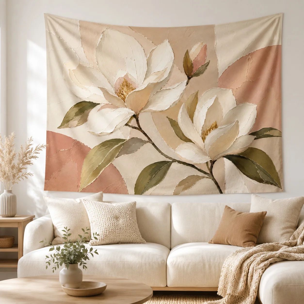 Beige Floral Tapestry Wall Hanging Boho Flower Wall Art Fabric Poster for Bedroom Dorm Living Room Aesthetic Home Decor