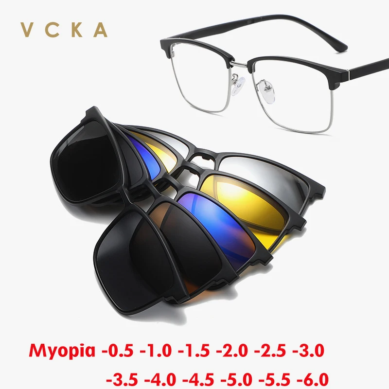 VCKA 6 In1 Square Polarized Myopia Sunglasses Men Women Magnetic Clip Glasses Frame Optical Prescription Eyewear -0.5 to -10.0