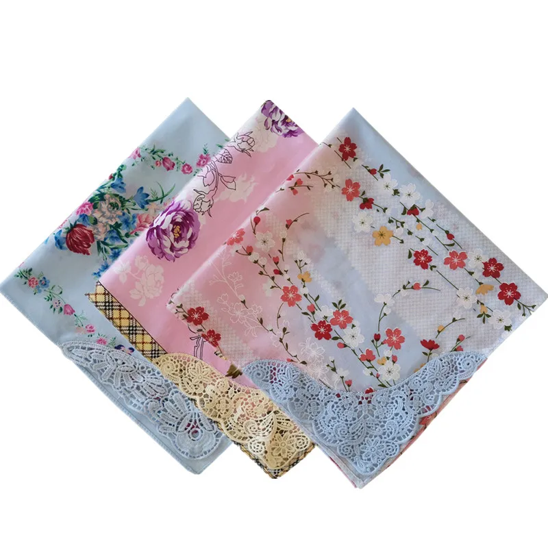 1Pc 43x43cm Flower Printed Cotton Hollow Lace Sweatwipe Square Scarf Women Handkerchief Wedding Party Gift