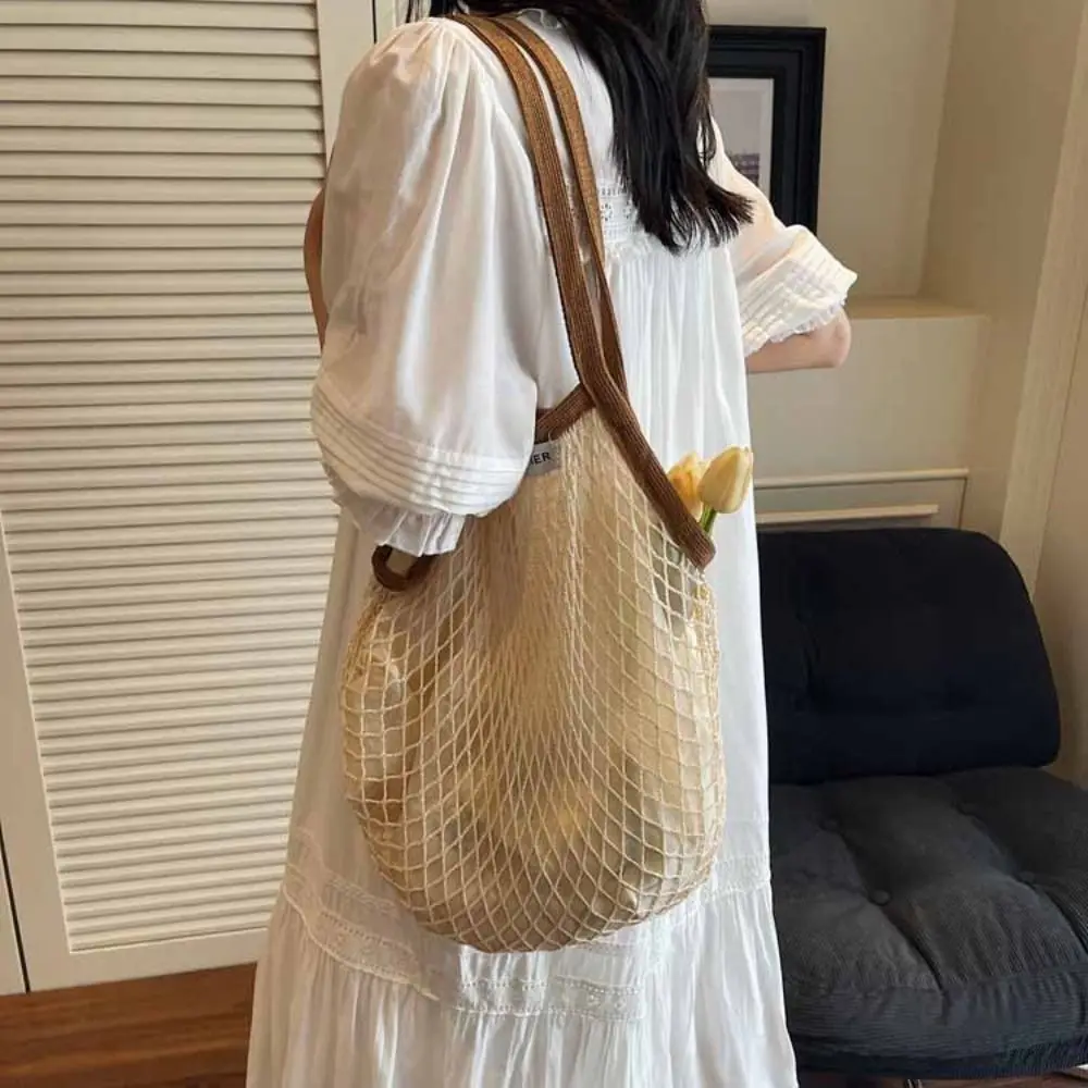 

Polyester Hollow Woven Shoulder Bag Large Capacity Pockets Mesh Handbags Edge Covering Korean Style Summer Beach Tote Bags