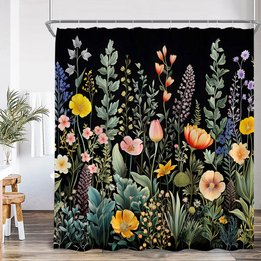 

Floral Boho Shower Curtain Colored Flower Green Leaf Plant Vintage Dark Bath Curtain Polyester Fabric Bathroom Decor with Hook