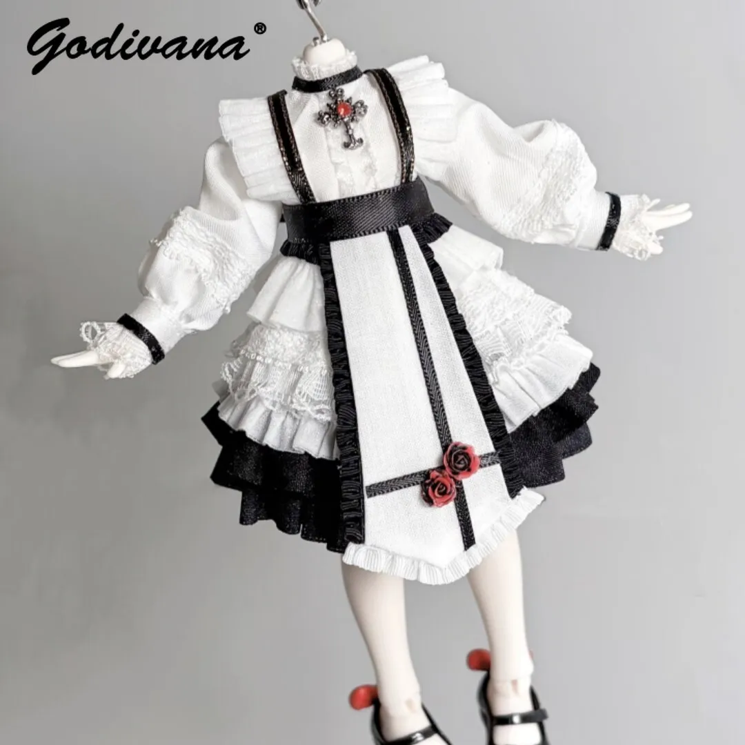 BJD Doll Outfit Black White Gothic Maid Lolita Dress Vintage Lace Ruffled Trim Puff Sleeve Rose Decor Clothes for 1/4 BJD Doll view 2