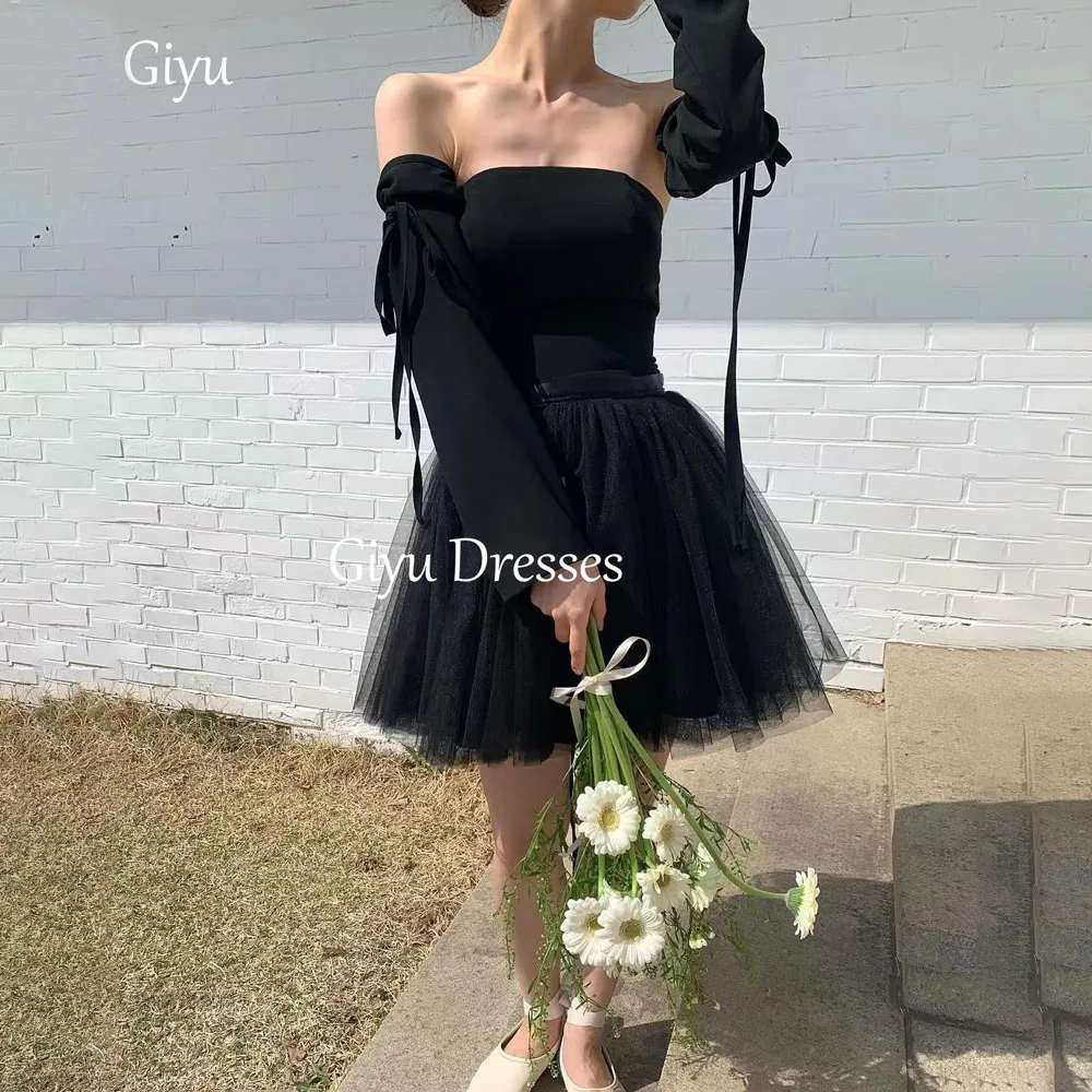 Giyu Sexy Black A-line Short Evening Dress Off Shoulder Long Sleeve Back Strap Korean Women Formal Prom Party Dress Customized