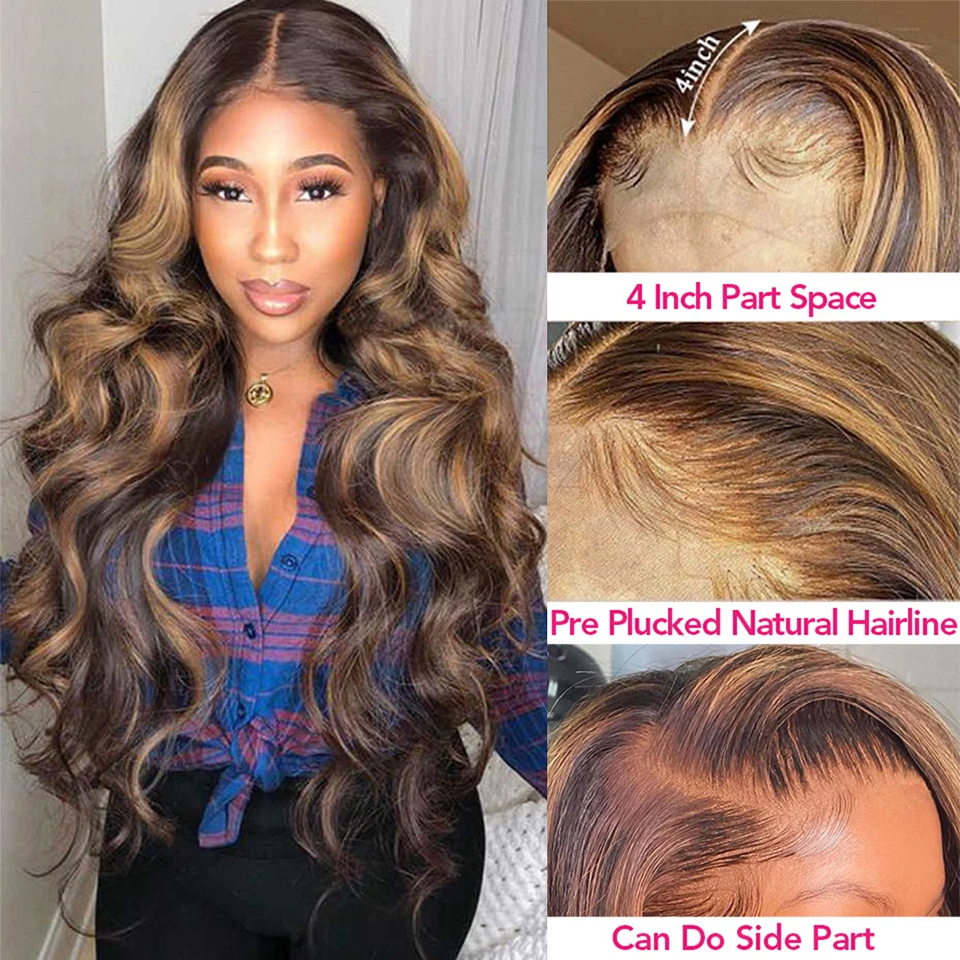 Highlight Wig Human Hair Bleached Body Wave 13x6 HD Lace Frontal Wig Pre Plucked Ombre Honey Blonde Brazilian Hair Wigs On Sale