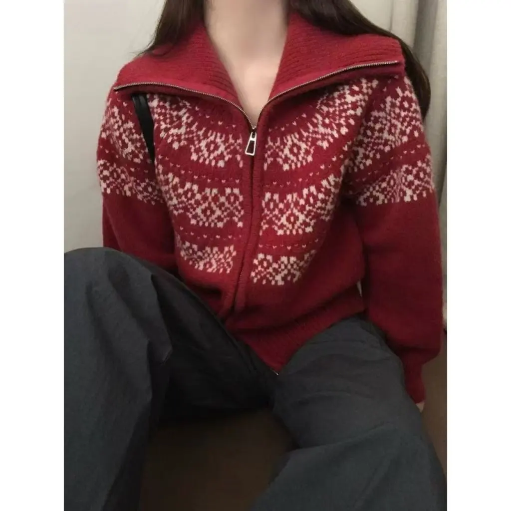 

Женский жаккардовый свитер Fair Isle, контрастный весенне-осенний толстый кардиган в западном стиле, свободный утягивающий мягкий восковой топ