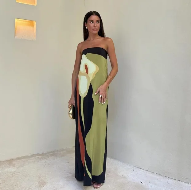 

2025Summer Women Strapless Backless Flower Printed Long Dress Women Sleeveless Off Shoulder Vestidos Plus Size S-XL Streetwear