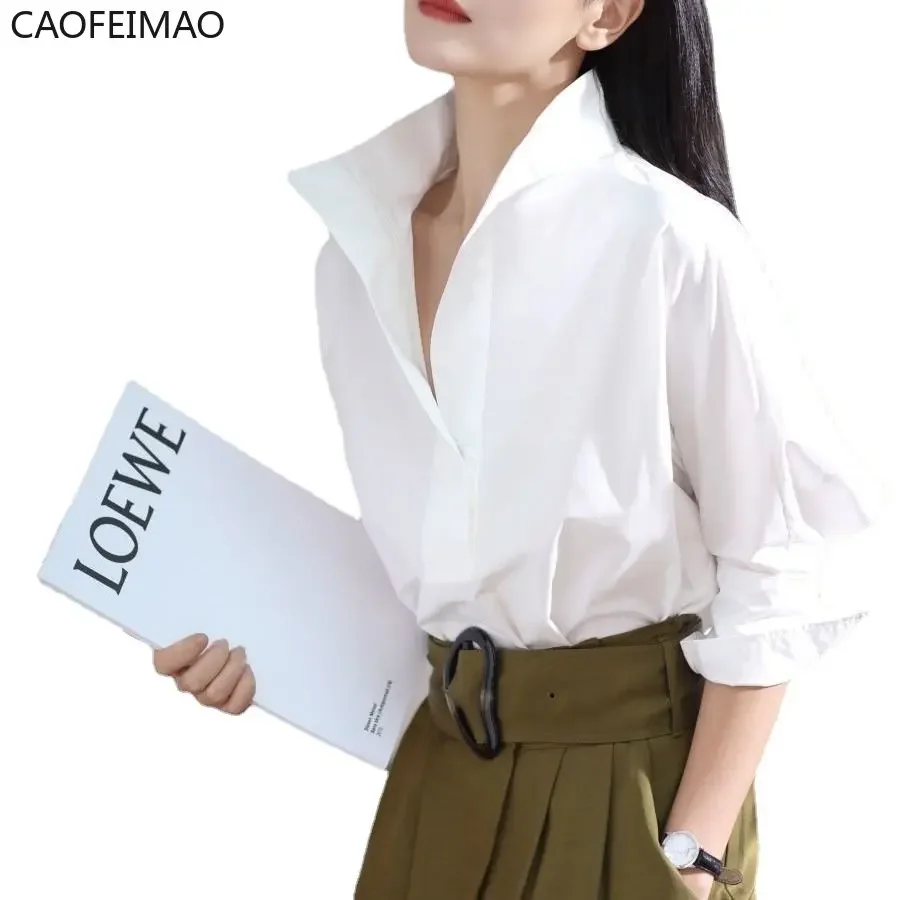 قميص نسائي جديد لخريف 2025 بأكمام ثلاثة أرباع قميص قطني أنيق بياقة واقفة بلوزة فضفاضة بيضاء للمكتب للسيدات