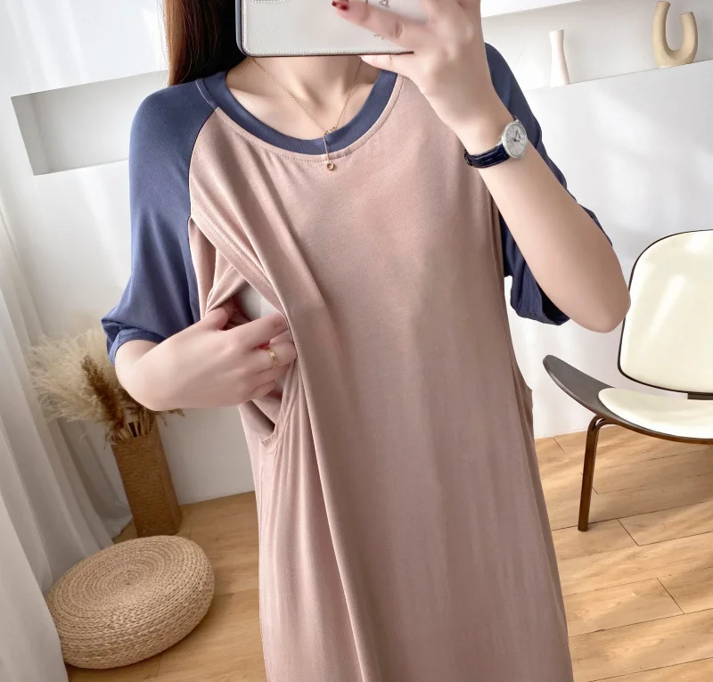 

Pregnant Women Summer Breastfeeding Long Dress Convenient Baby Breastfeeding Clothes Loose T-shirt Dress Maternity Clothing