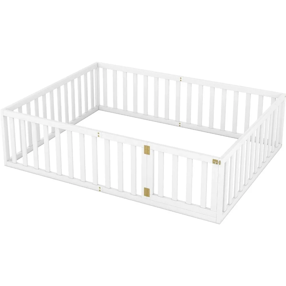 Multifuncional Cama Queen Size Piso com Guardrails Segurança e Porta, Resistente Moldura Camas de Madeira Sólida, Meninos e Meninas Quarto