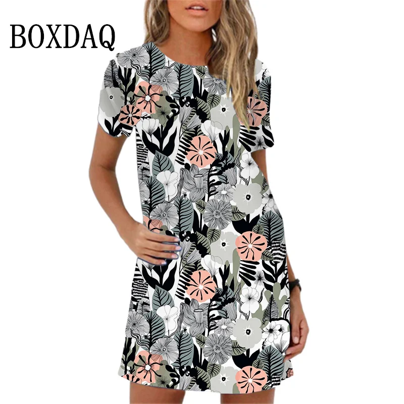 Floral Printing Women Dress New 2024 Summer Dress Elegant Short Sleeve O-Neck Loose Mini Dress Woman Clothing