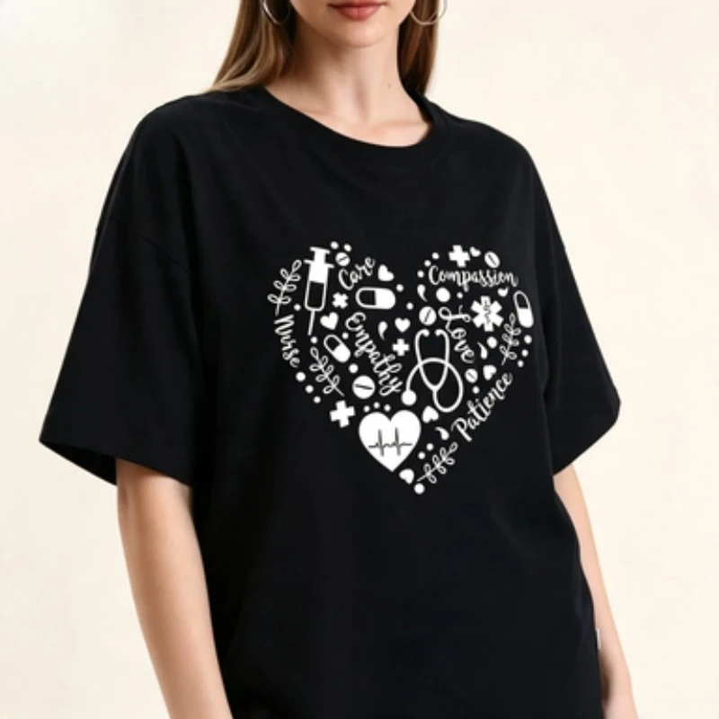 Nurse Gift Women Cotton Tshirt Medical Symbols Heart Shape Print Stethoscope EKG Pattern Inspirational Text Short Sleeve Tees