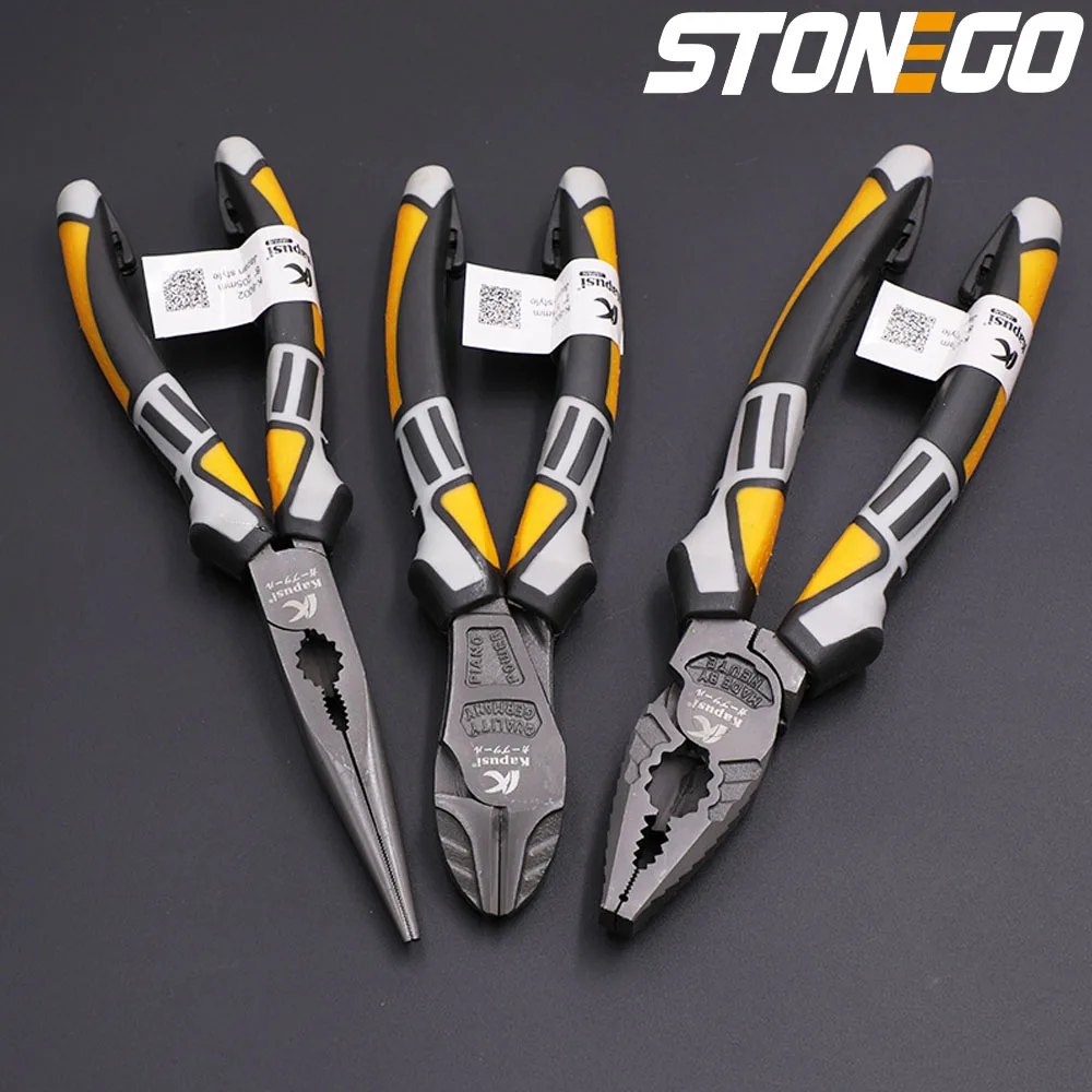 STONEGO Industrial Needle Nose Pliers, Diagonal Cutting Pliers, Multi-Functional Electric Wire Stripper, Flat-Nose Plier