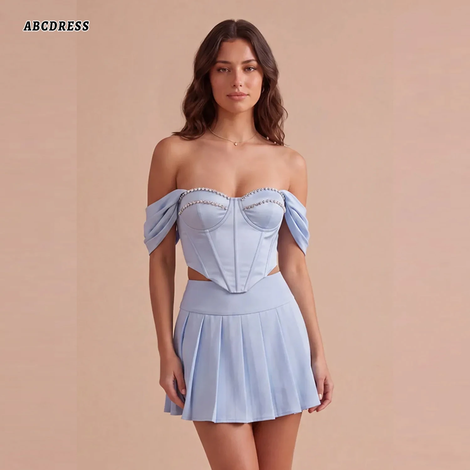 Customized Light Blue 2 Piece Homecoming Dress Off Shoulder Rhinestone Cocktail Party Gown Corset Criss Cross Short Prom Dress