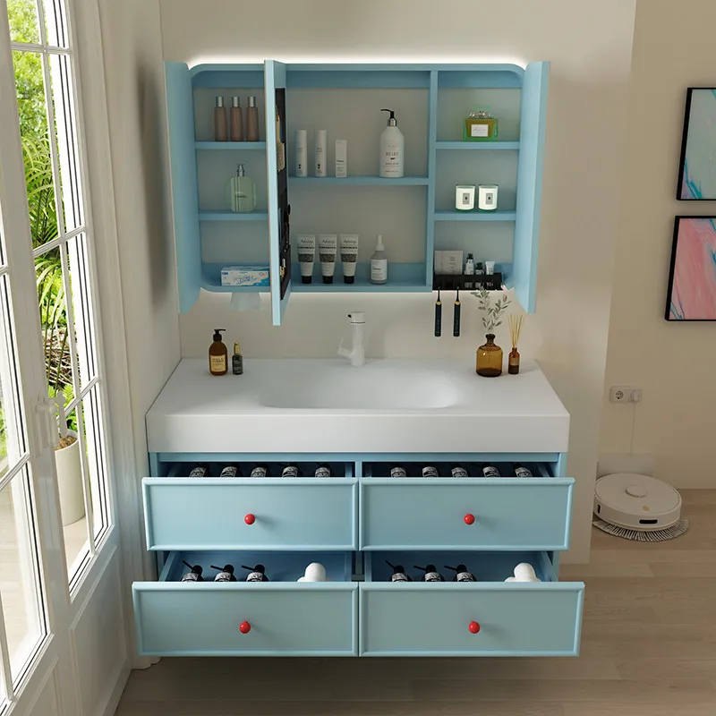 

Комплект мебели для ванной: тумба с бесшовной интегрированной раковиной из сланца и дуба, современный минималистичный дизайн