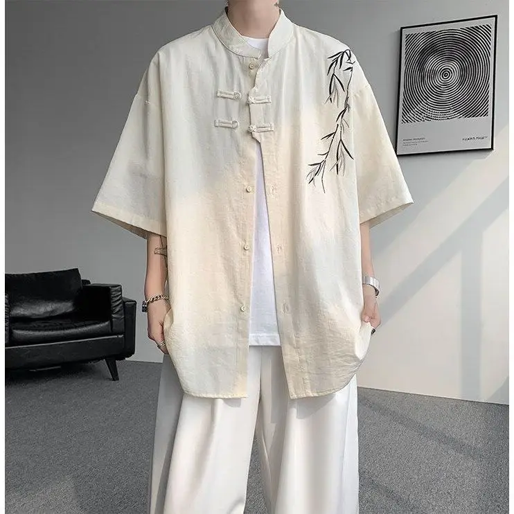 

Loose Fit Men's Short Sleeve Shirt Embroidered Collar Chinese Style Summer Breathable Polyester Youth Fashion Outerwear
