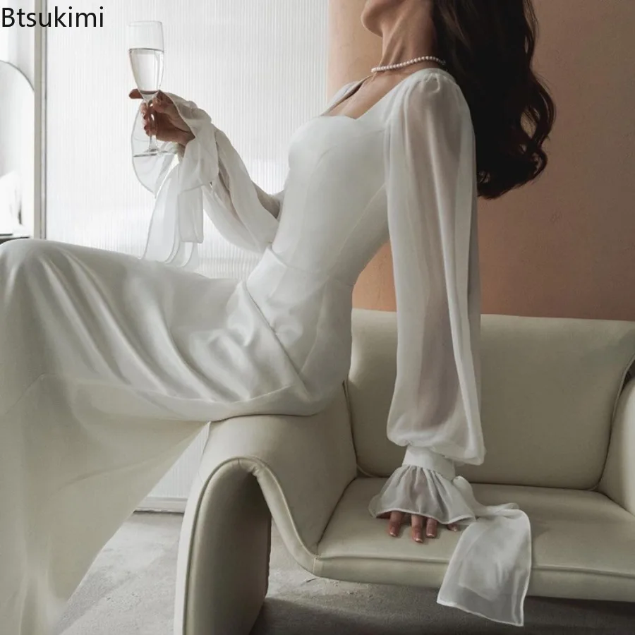 Women's French Style Dress Fashionable Slim Fit Square Neck Ankle Length Fishtail Skirt Spring New Solid Waist Cinching Dress