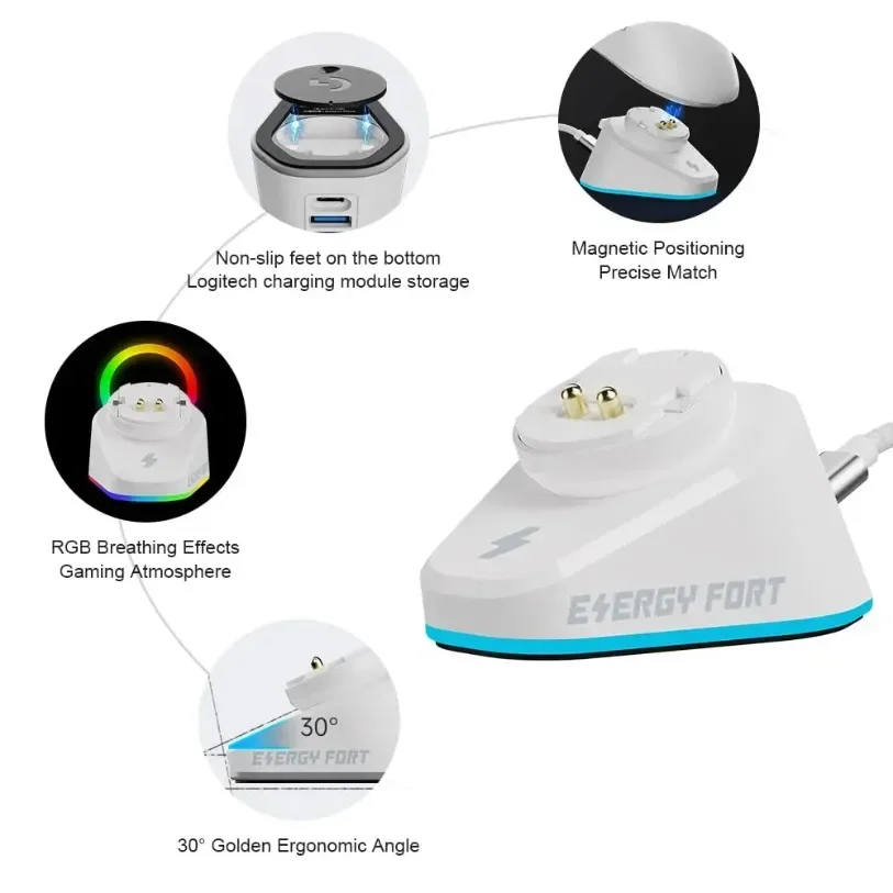 ماوس ألعاب RGB شاحن لاسلكي + 2 USB لمحطة قاعدة Logitech G403 G502 X Plus G703 G903 HERO G PRO X Superlight Hero GPW2 #5