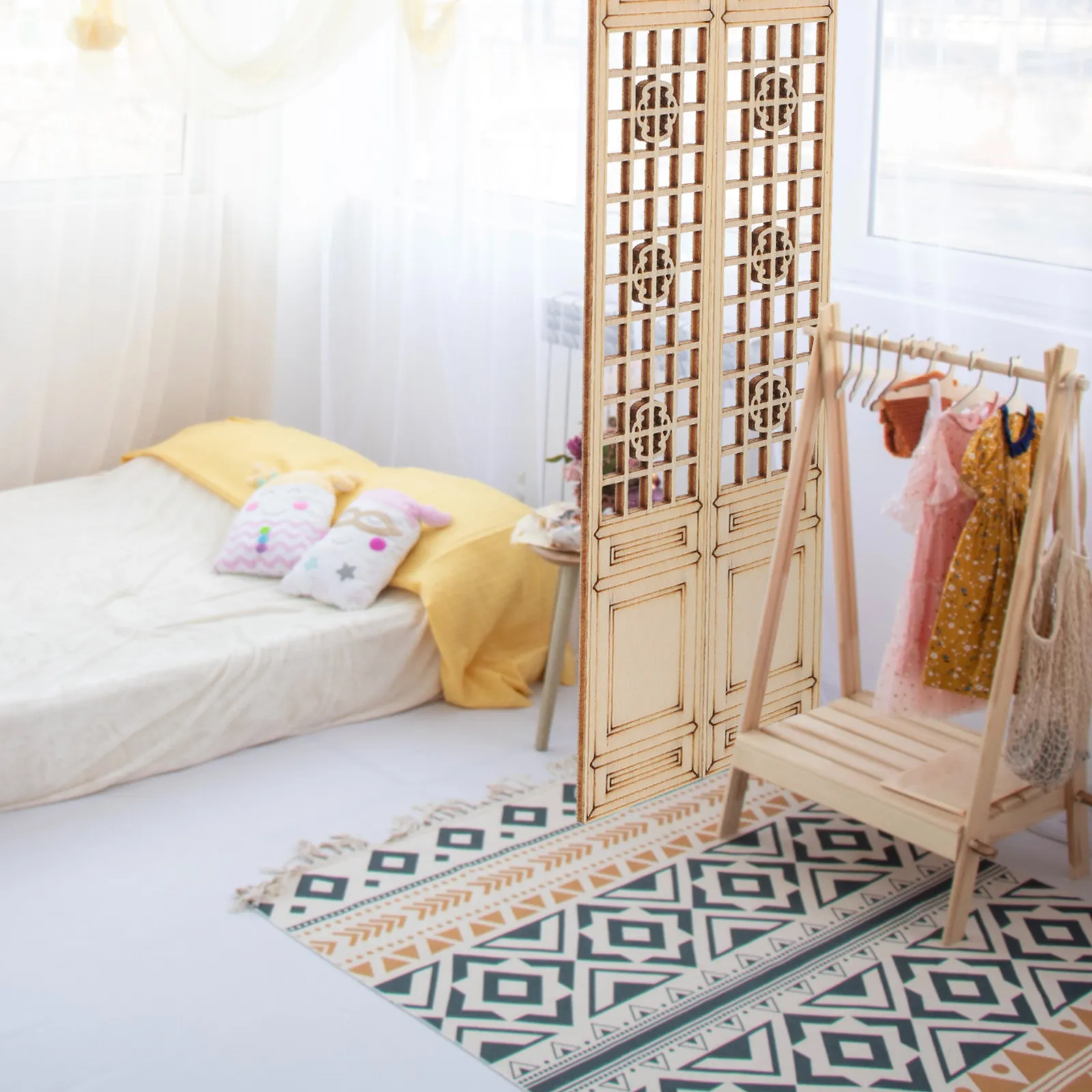 4Pcs Miniature Vintage Wooden Folding Screen Chinese Room Dividers Furniture Accessories Sand Tray Micro Landscape