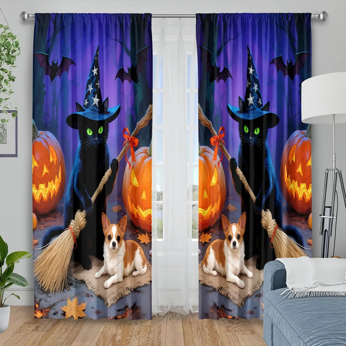Halloween Black Cat Curtain, Cute Dog Pumpkin Print Drape, Witch Hat Bat Pattern Window Treatment, Spooky Pet Home Decor, Autumn