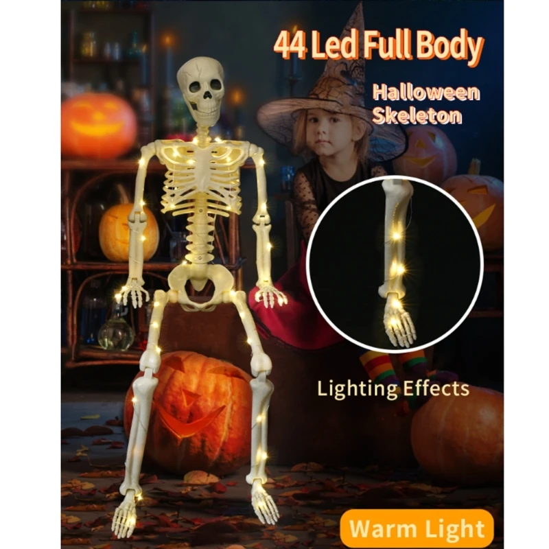 Poseable Full Body Human Skeleton Decors Haunting Halloween Party Skeleton with LED Green Lights for Scary