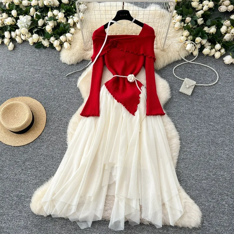 

French Gentle Three-dimensional Flower Lapel Long-sleeved Knitted Patchwork Mesh Fabric Fluffy Irregular Fairy Dress Trendy