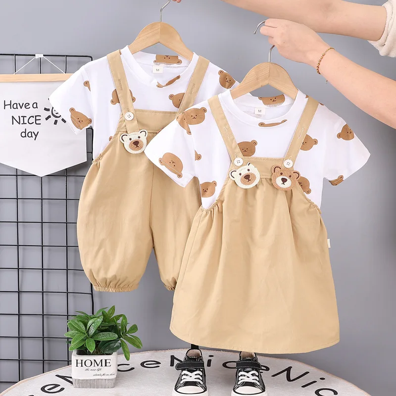 

Summer Boys' And Girls' Overalls Two-Piece Set 0-5-Year-Old Children's Full Print Round Neck Short Sleeved Set