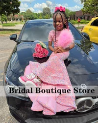 New 2024 Sparkly Pink Flower Girls Dress Glitter Sequins Child Princess Gown For Birthday First Communion PhotoShoot Customized