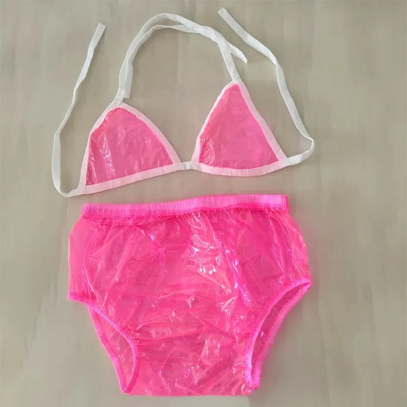 

PVC Clear Pink Bra With Pants Suit Sexy Costumes Stage Show Live Beach Wear See Through Club DJ BAR