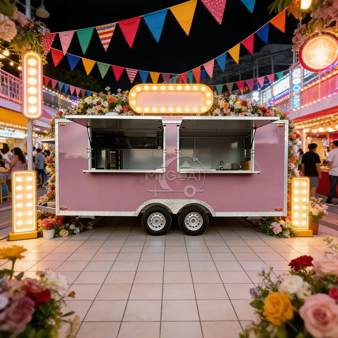 

Pink Mobile Food Truck with Exhaust System Double Sinks for Outdoor Catering Business Popular Street Food Cart Snack Trailer
