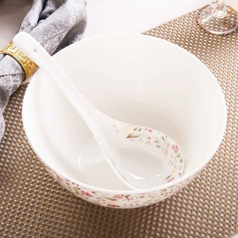 8 inch, bone china soup bowl with spoon, floral serving bowl, porcelain big buffet fruit bowl, ceramic huge kitchen bowls tureen