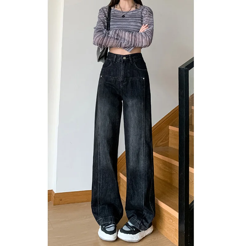 WCFCX STUDIO Autumn Winter Fashion New Women Jeans Retro Loose High Waist Wide Leg Straight Denim Pants Casual Fashion