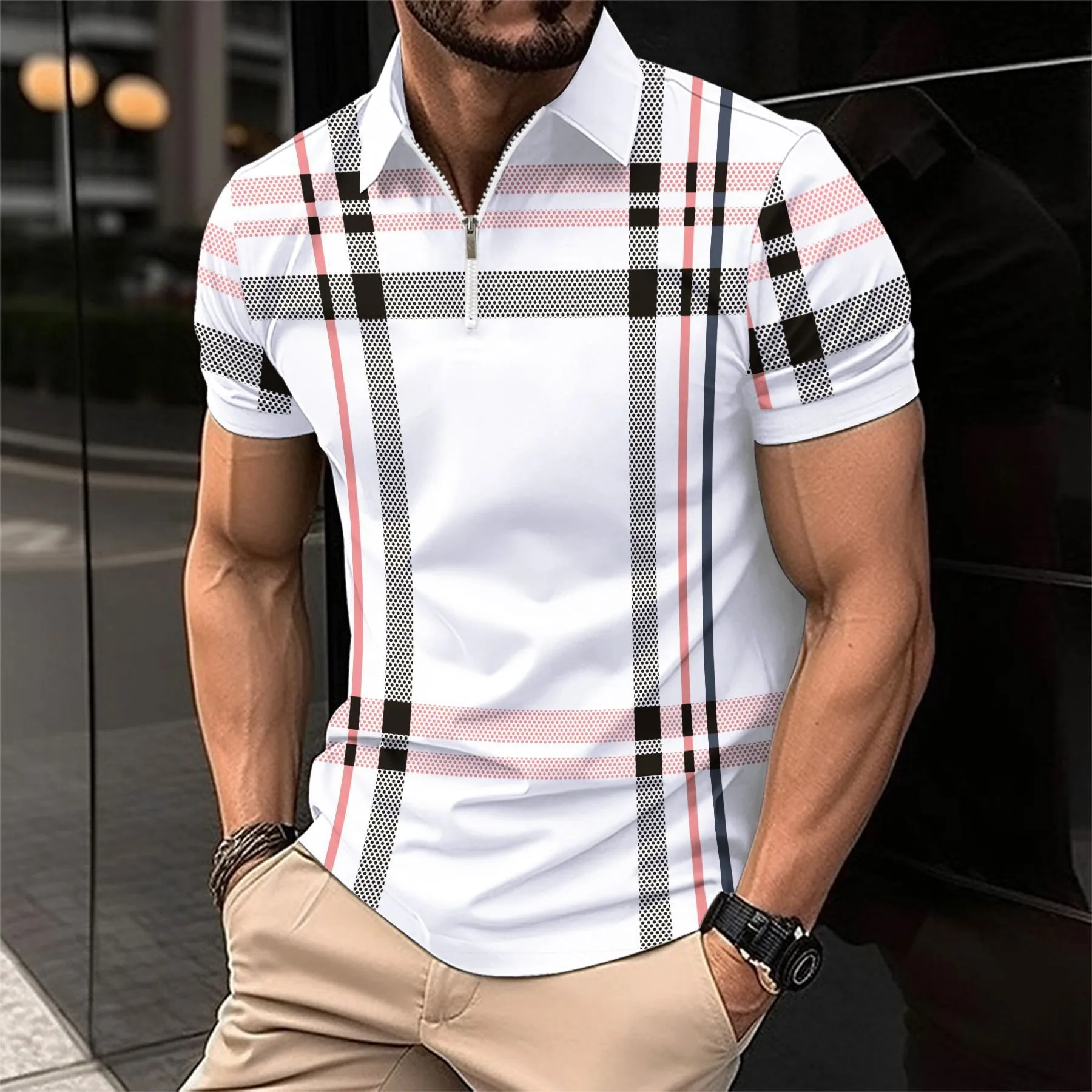 

Men's trendy plaid printed shirt with turned collar golf with breathable and fitted design for summer European style fashionable