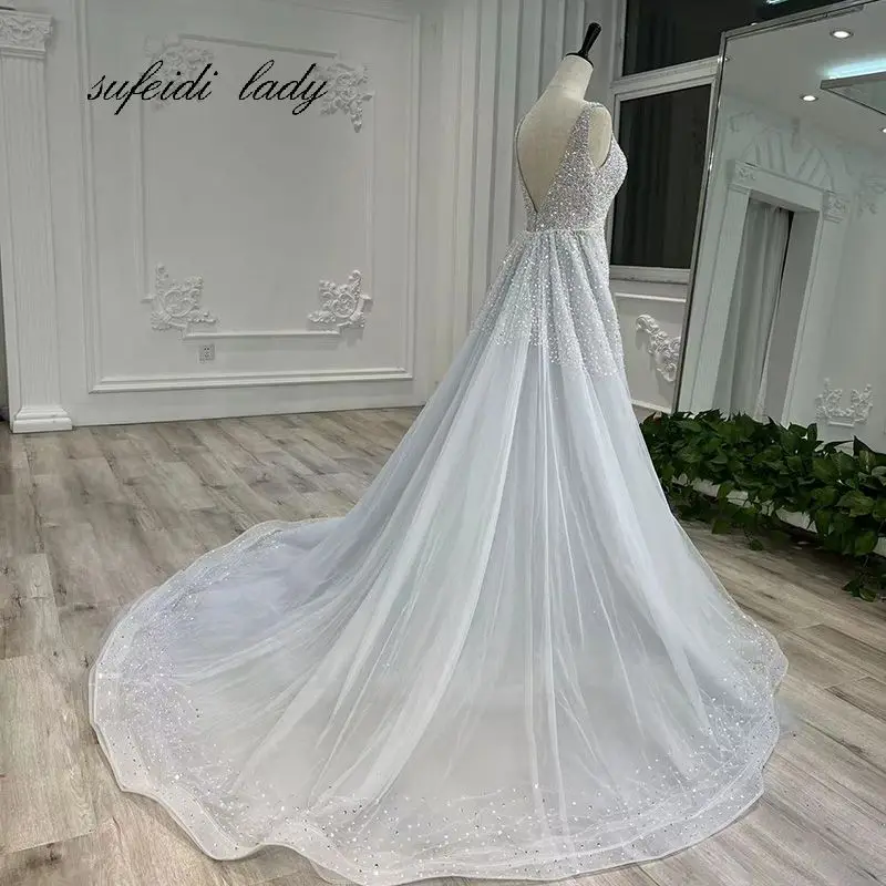 Vestidos de novia elegantes de sirena, vestidos de novia de encaje completo, tren desmontable, vestidos de novia