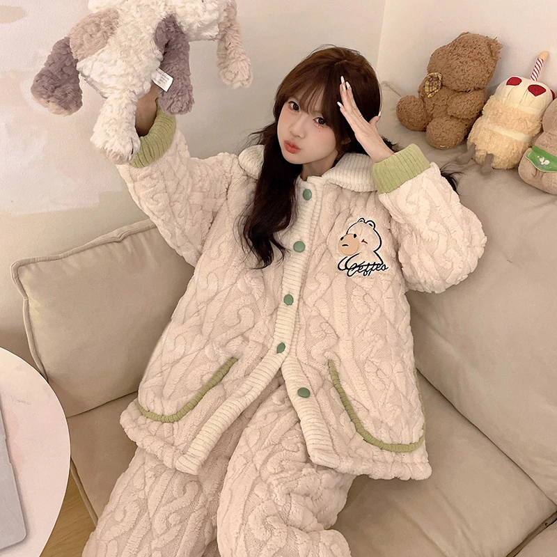 Korean Fashion Winter Coral Fleece Nightwear Women's Flannel Cardigan Lapel Pajamas Set Youth Girl Female Thickened Sleepwear image 6