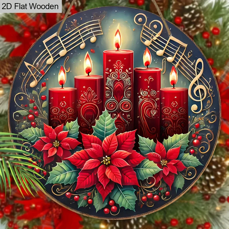 2D Flat - 2D Flat - A Flat 2D Wooden Christmas Sign Featuring a Musical Note And Floral Design - a Delightful Wreath Decoration