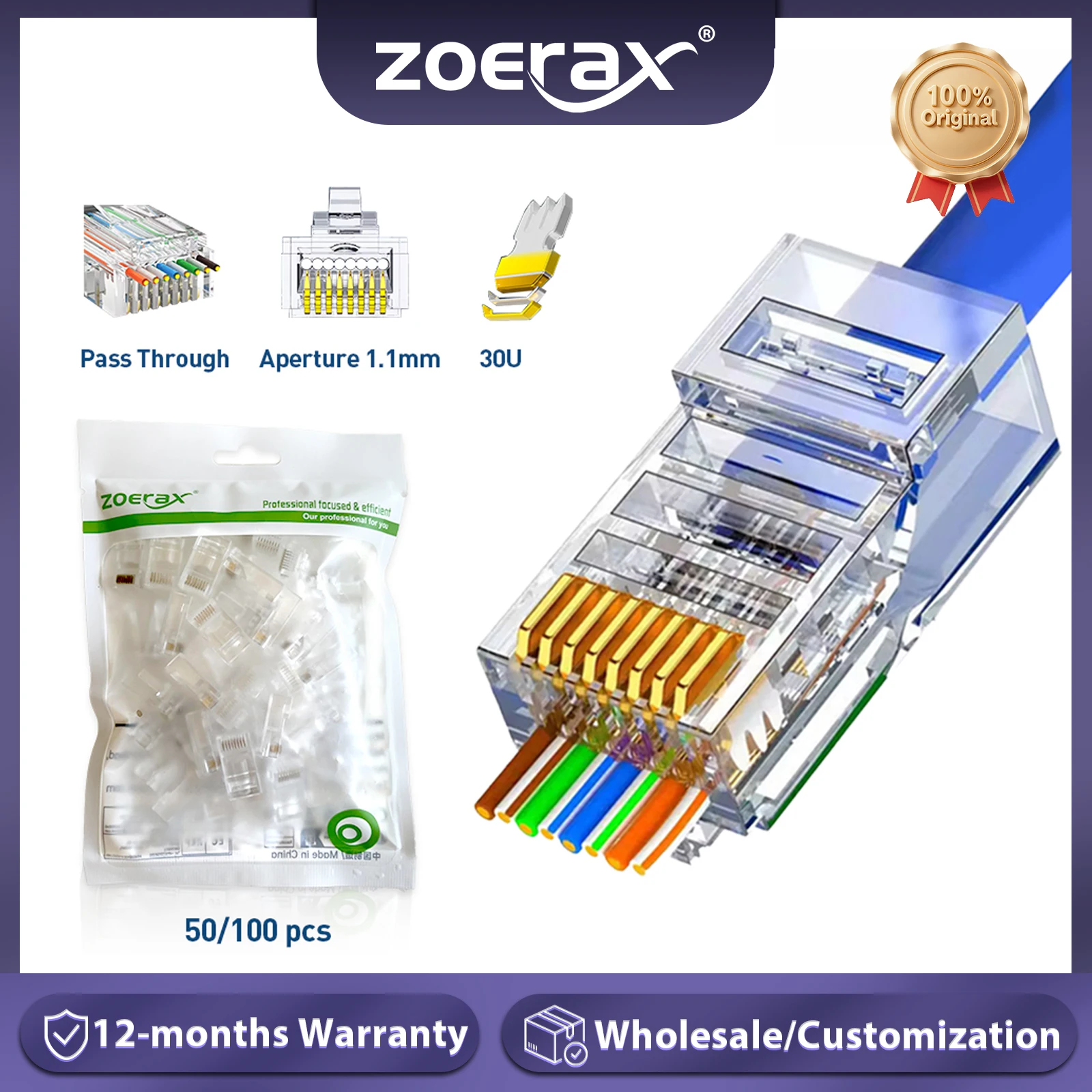 

Проходные разъемы ZoeRax RJ45 Cat5e Cat6 EZ для обжима модульного штекера для прочного или многожильного сетевого кабеля