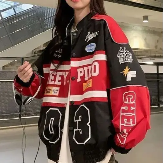 

Baseball Uniform Hip Hop Motorcycle Clothing 2024 Y2k Red White Bomber Jacket Women Men Biker Racer Jacket Retro Clothes Trend