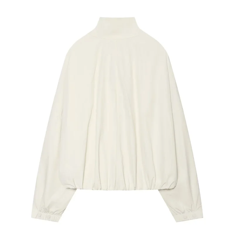 Women Beige Stand Collar Button Front Jacket Elastic Hem Long Sleeve Loose Casual Outerwear With Pockets