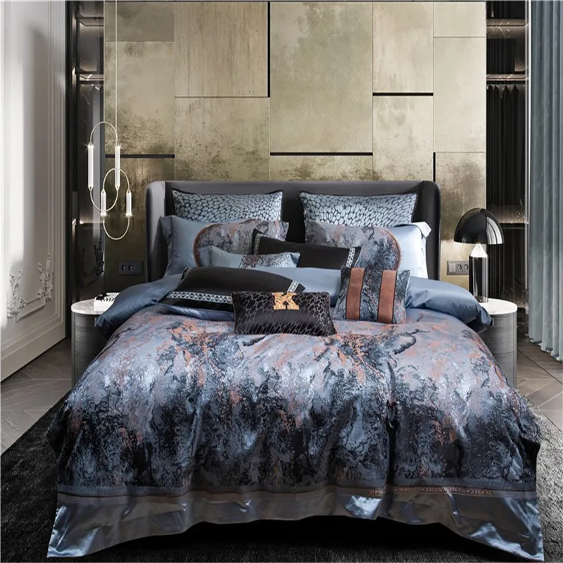 Abstract Art Jacquard Gray Blue Luxury decoration Bedding set Premium Cotton Satin Duvet cover Bed Sheet Pillowcases 4/6/11Pcs