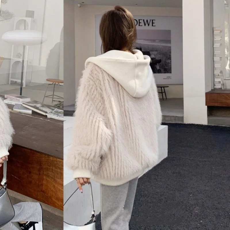 

Mink Hair Imitation Fur Coat Women's Autumn Winter New Thickened Plush Fur Coat Medium Long Loose Hooded Coat Simple Personality