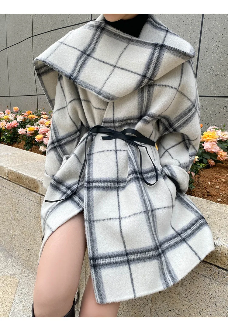 Vintage Plaid Newest Winter Both Sides Long Sleeve Winter All Match Women Casual Loose Wool Shawl Designed Coat