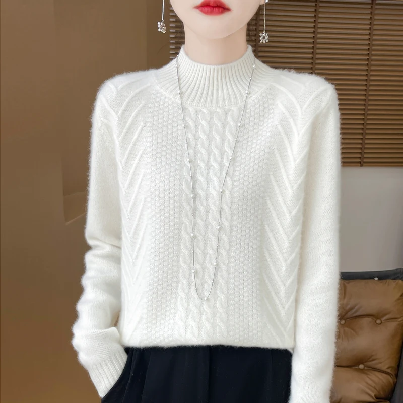 

Autumn and Winter Women‘s Sweater Mock Neck Long Sleeve Thick&Loose Argyle Knitwear Criss-Cross Pullover Tops Female clothing