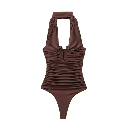 Imagen 2 del producto Zevity 2025 mujeres Sexy fuera del hombro sólido plisado monos delgados señoras suave traje de baño delgados monos Mujer mamelucos LS9375