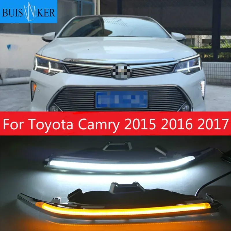 

1 Set LED DRL Daytime Running Lights Daylight Fog Lamp Cover With Yellow Turning Signal For Toyota Camry 2015 2016 2017